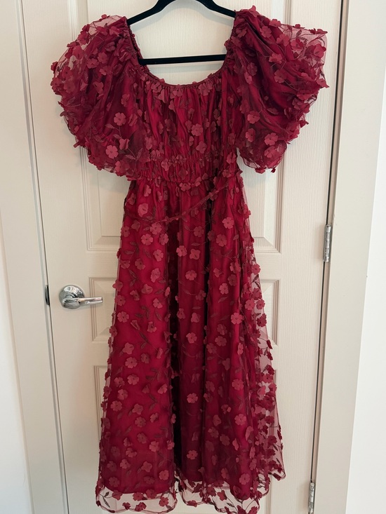 One Loved Babe Dresses & Skirts - Burgundy Floral Midi Dress with Puff Sleeves